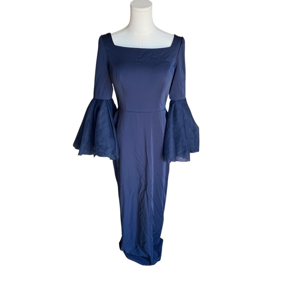 Leena for Mac Duggal - Navy Flounce Sleeve Square Neck Column Gown Sz 6 - Picture 4 of 13